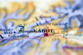 Shallow depth of field focus on geographical map location of Kabul Afghanistan Asia continent on atlas Royalty Free Stock Photo