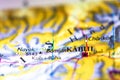 Shallow depth of field focus on geographical map location of Kabul city in Afghanistan Asia continent on atlas Royalty Free Stock Photo