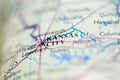 Shallow depth of field focus on geographical map location of Kansas city United States of America USA continent on atlas Royalty Free Stock Photo