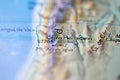 Shallow depth of field focus on geographical map location of Mount Cerro Mercedario in Argentina South America continent on atlas Royalty Free Stock Photo