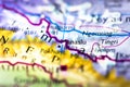 Shallow depth of field focus on geographical map location of Mount Manaslu in Nepal in Asia continent on atlas Royalty Free Stock Photo