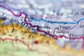 Shallow depth of field focus on geographical map location of Mount Manaslu in Nepal Asia continent on atlas Royalty Free Stock Photo