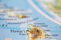 Shallow depth of field focus on geographical map location of Mount Mauna Kea in Hawaii United States North America continent on at