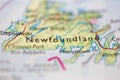 Shallow depth of field focus on geographical map location of Newfoundland Canada America continent on atlas Royalty Free Stock Photo