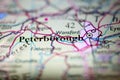 Shallow depth of field focus on geographical map location of Peterborough city England United Kingdom Great Britain Europe contine Royalty Free Stock Photo