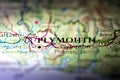 Shallow depth of field focus on geographical map location of Plymouth city England United Kingdom Great Britain Europe continent o