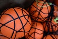 Shallow depth of field (selective focus) details with a cheap plastic basketball in a heap in a public school