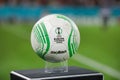 Shallow depth of field selective focus details with Molten Conference 2021/2022, Europa Conference League official match ball Royalty Free Stock Photo