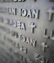 Shallow depth of field selective focus details with names of people who died in the Romanian Revolution from 1989 on a monument