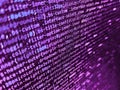 Shallow depth of field, selective focus effect. Software developer programming code on black screen. Script on computer with