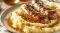 Shallow depth of field (selective focus) image with british bangers and mash dish. Generative AI