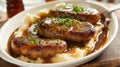 Shallow depth of field (selective focus) image with british bangers and mash dish. Generative AI