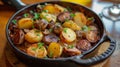 Shallow depth of field (selective focus) image with British Lancashire hotpot dish. Generative AI