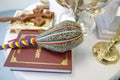 Shallow depth of field selective focus image with Christian Orthodox items for the sanctification of a place Royalty Free Stock Photo