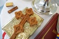 Shallow depth of field selective focus image with Christian Orthodox items for the sanctification of a place