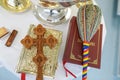 Shallow depth of field selective focus image with Christian Orthodox items for the sanctification of a place Royalty Free Stock Photo