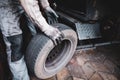 Shallow depth of field selective focus image with a mechanic changing the regular summer tyres of a car with winter tyres in a