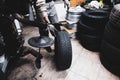 Shallow depth of field selective focus image with a mechanic changing the regular summer tyres of a car with winter tyres in a