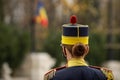 Shallow depth of field selective focus image with Michael the Brave 30th Guards Brigade female soldier during a ceremony on a