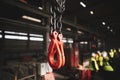 Shallow depth of field selective focus image with red industrial crane lifting hooks inside a factory Royalty Free Stock Photo