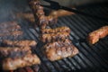 Shallow depth of field selective focus image with Romanian traditional mici mititei, grilled ground meat rolls in cylindrical Royalty Free Stock Photo