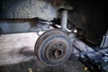 Shallow depth of field selective focus image with a rusty rear wheel hub of an old car