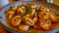 Shallow depth of field (selective focus) image with Spanish gambas al ajillo. Generative AI