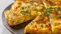 Shallow depth of field (selective focus) image with Spanish tortilla espanola dish. Generative AI