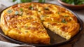 Shallow depth of field (selective focus) image with Spanish tortilla espanola dish. Generative AI