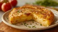 Shallow depth of field (selective focus) image with Spanish tortilla espanola dish. Generative AI