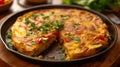 Shallow depth of field (selective focus) image with Spanish tortilla espanola dish. Generative AI