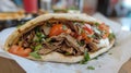 Shallow depth of field (selective focus) image with a tasty doner kebab. Generative AI