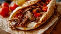 Shallow depth of field (selective focus) image with a tasty doner kebab. Generative AI