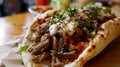 Shallow depth of field (selective focus) image with a tasty doner kebab. Generative AI