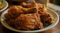 Shallow depth of field (selective focus) image with tasty fired chicken. Generative AI