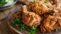 Shallow depth of field (selective focus) image with tasty fired chicken. Generative AI