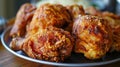 Shallow depth of field (selective focus) image with tasty fired chicken. Generative AI