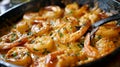 Shallow depth of field (selective focus) image with a tasty greek dish named shrimp saganaki. Generative AI