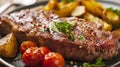 Shallow depth of field (selective focus) image with a tasty medium rare beef steak. Generative AI Royalty Free Stock Photo
