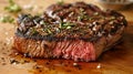 Shallow depth of field (selective focus) image with a tasty medium rare beef steak. Generative AI Royalty Free Stock Photo