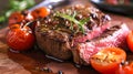 Shallow depth of field (selective focus) image with a tasty medium rare beef steak. Generative AI Royalty Free Stock Photo