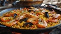 Shallow depth of field (selective focus) image with tasty Spanish paella dish. Generative AI Royalty Free Stock Photo