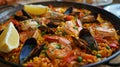 Shallow depth of field (selective focus) image with tasty Spanish paella dish. Generative AI Royalty Free Stock Photo