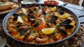 Shallow depth of field (selective focus) image with tasty Spanish paella dish. Generative AI Royalty Free Stock Photo