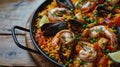 Shallow depth of field (selective focus) image with tasty Spanish paella dish. Generative AI Royalty Free Stock Photo