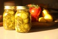 home made bread and butter dill pickles in jars on the bench