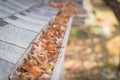 Shallow DOF clogged gutter near roof shingles of residential house full of dried leaves