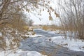 Shallow, fast, unfrozen river in winter