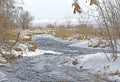 Shallow, fast, unfrozen river in winter