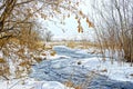 Shallow, fast, unfrozen river in winter